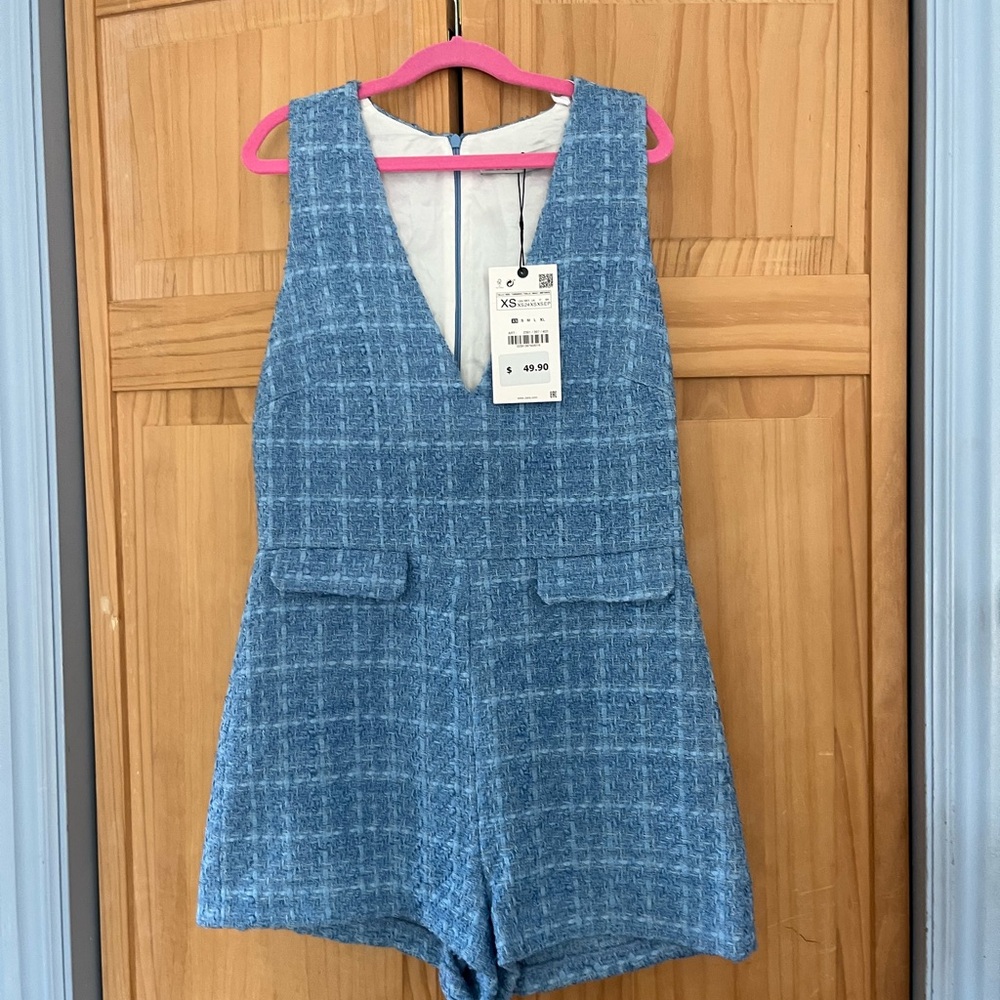 Zara Blue and White Tweed Romper